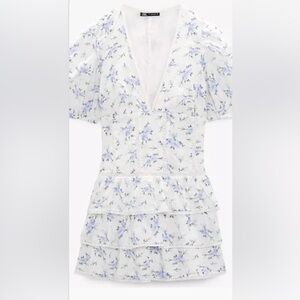 Zara Blue and White Puff Sleeve Mini Sundress